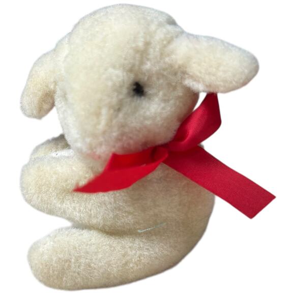Vintage 90s White Lamb Finger Puppet Plush Red Bow Pencil Topper - Picture 2 of 9
